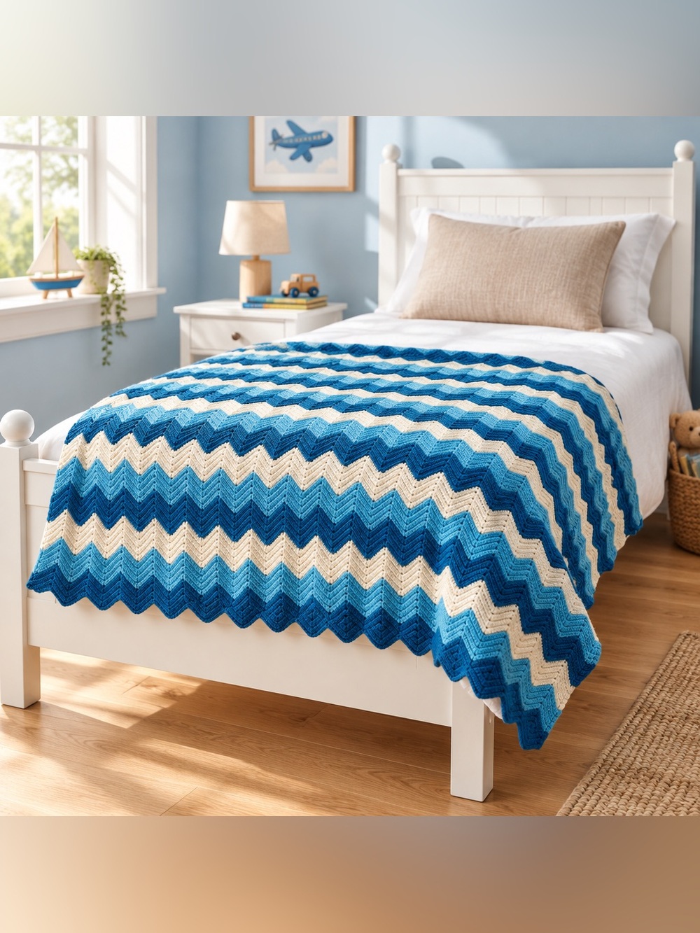 Handmade Blue & Cream Chevron Afghan Blanket
